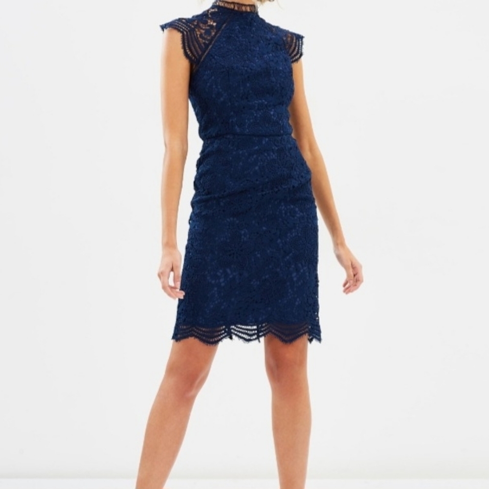 Chi chi London Elegant Navy Lace Dress UK Size 12 High Collar Small
